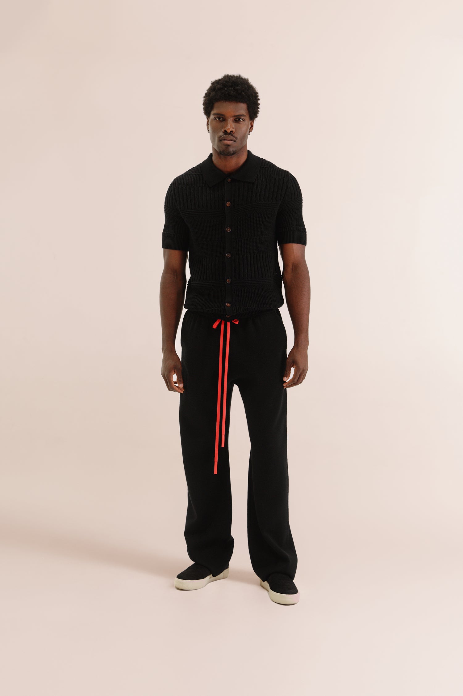 Black Polo Shirt with Red Drawstring