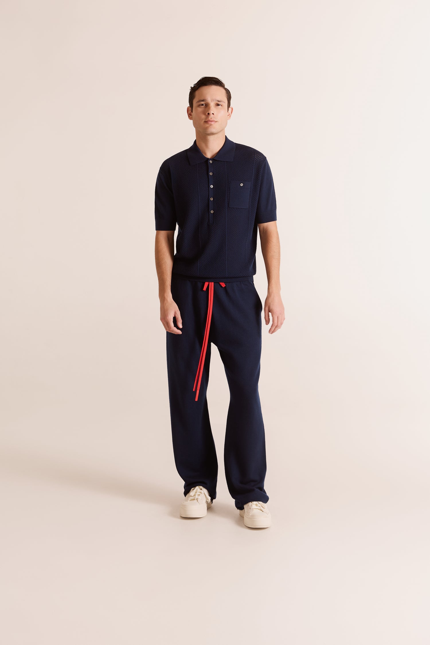 Navy Polo Shirt with Red Drawstring